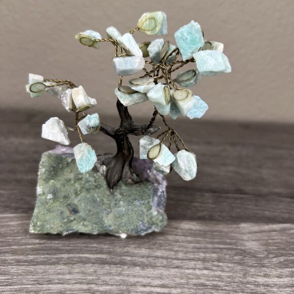 Rock Tree Amethyst Geode Amazonite Leaves 5” Crystal Rock Wire Art - Picture 2 of 7